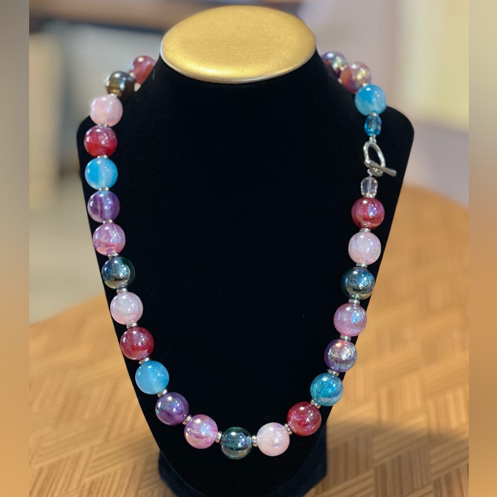 Red and Pink Beaded Necklace with Translucent Beads & Toggle Clasp  (Handmade)